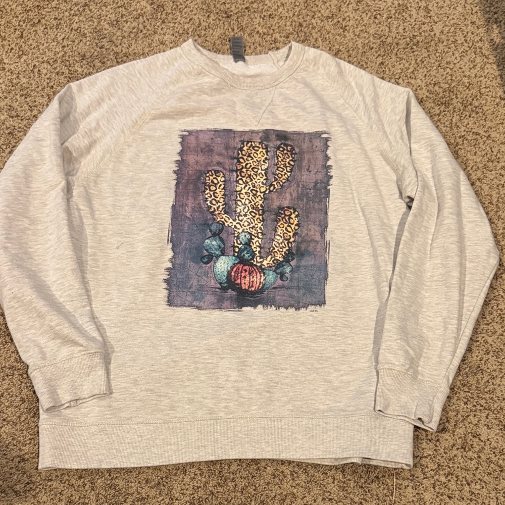 Leopard Cactus Graphic Sweater - Gray